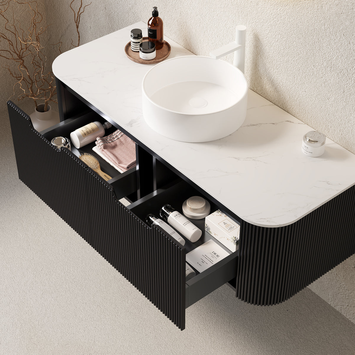 Dexmalle 48" Bathroom Vanity&Sink, Floating Curved Edges Striped Bathroom Storage Cabinet with 2 Drawers, White Round Ceramic Basin