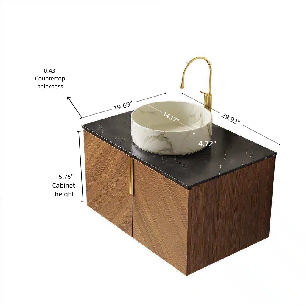 Dexmalle 30" Bathroom Vanity&Sink, Floating Plywood Bathroom Storage Cabinet with 2 Doors, Black Sintered Stone Countertop