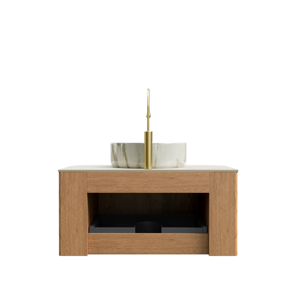 Dexmalle 30" Bathroom Vanity&Sink, Floating Curved Edges Striped Cabinet with Drawer, Round Ceramic Basin with Stone Pattern