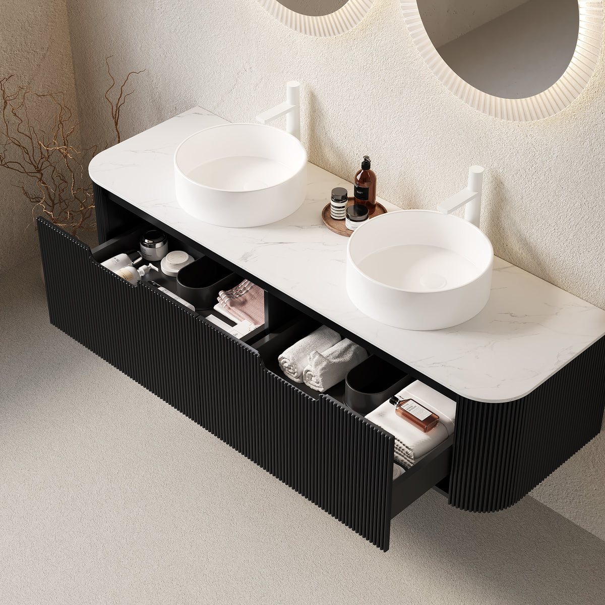Dexmalle 60" Bathroom Vanity&Sinks, Floating Curved Edges Striped Bathroom Storage Cabinet with 2 Drawers