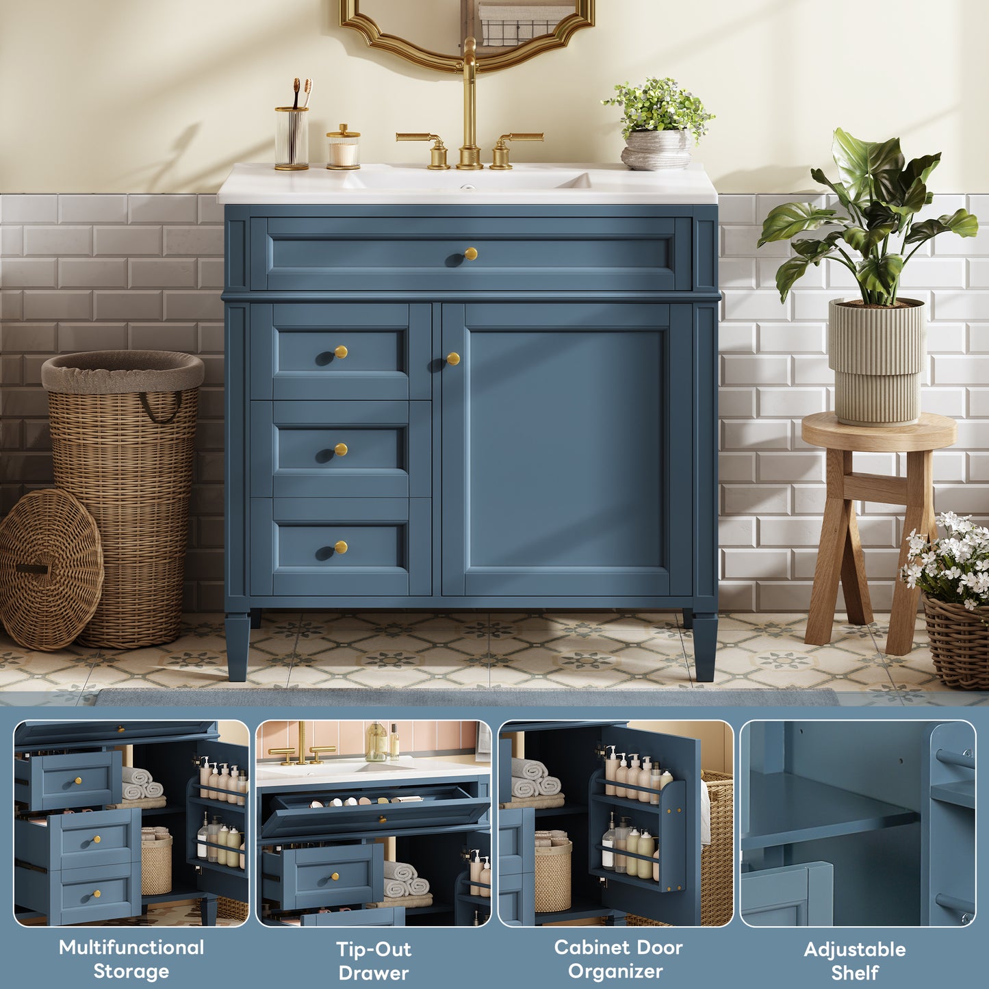 Dexmalle 36inch Bathroom Vanity with Top Sink 2 Drawers and a Tip-out Drawer