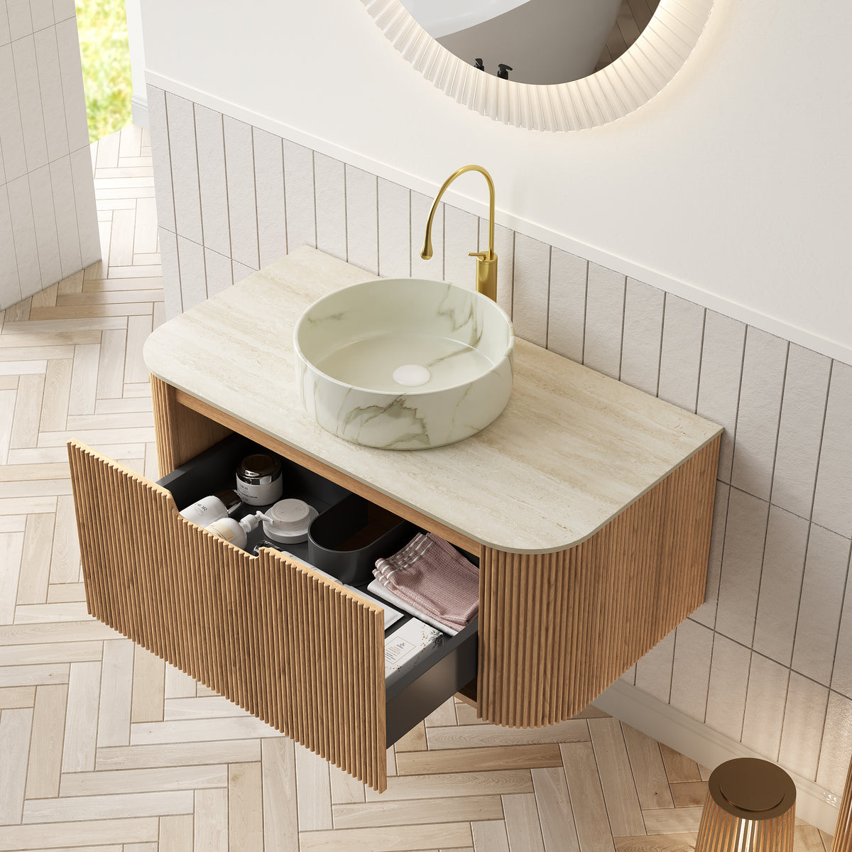 Dexmalle 36" Bathroom Vanity&Sink, Floating Curved Edges Striped Cabinet with Drawer, Round Ceramic Basin