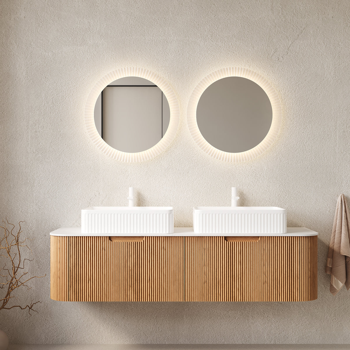 Dexmalle 60" Bathroom Vanity&Sinks, Floating Curved Edges Striped Storage Cabinet with 2 Drawers, 2 White Rectangular Ceramic Basins