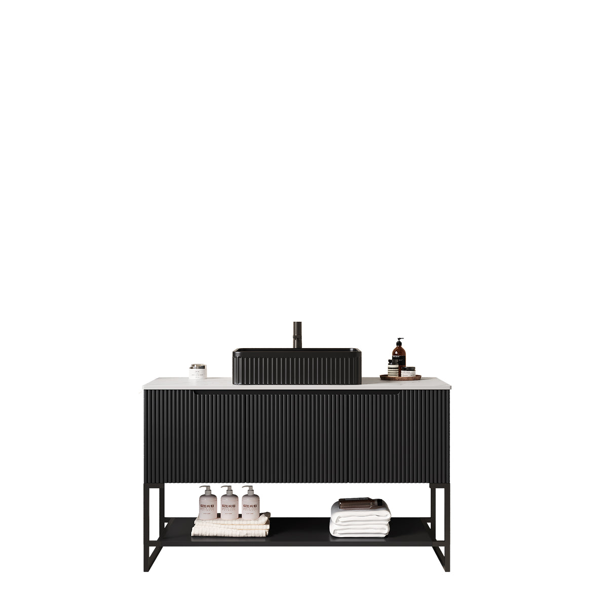 Dexmalle 48" Bathroom Vanity&Sink, Freestanding Bathroom Storage Cabinet with 3 Doors and Open Shelf, Black Rectangular Ceramic Basin