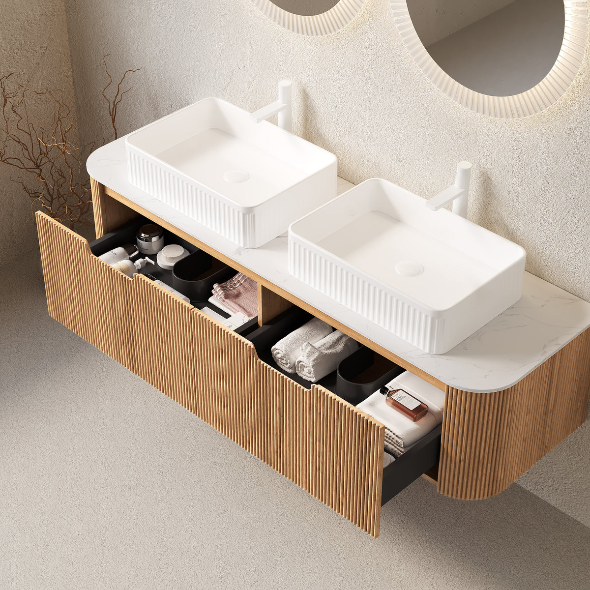 Dexmalle 60" Bathroom Vanity&Sinks, Floating Curved Edges Striped Storage Cabinet with 2 Drawers, 2 White Rectangular Ceramic Basins