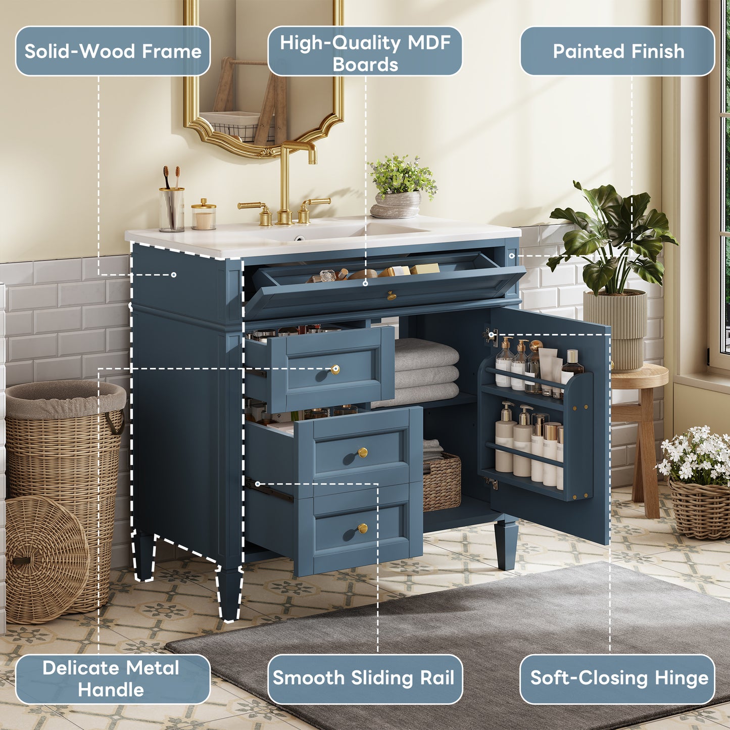 Dexmalle 36inch Bathroom Vanity with Top Sink 2 Drawers and a Tip-out Drawer