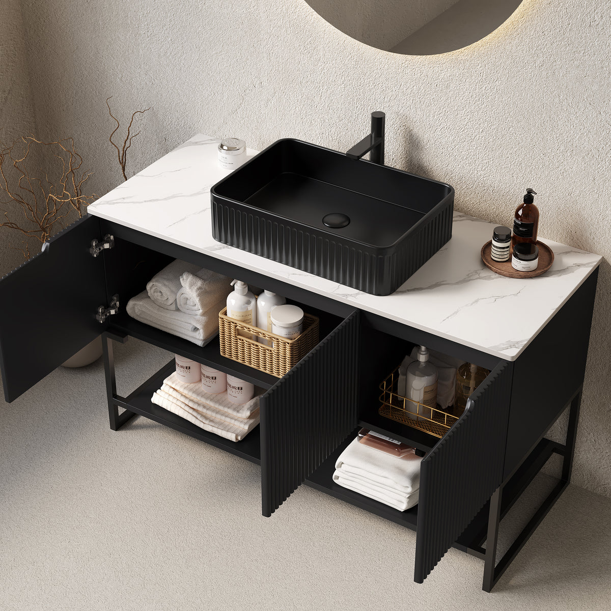 Dexmalle 48" Bathroom Vanity&Sink, Freestanding Bathroom Storage Cabinet with 3 Doors and Open Shelf, Black Rectangular Ceramic Basin