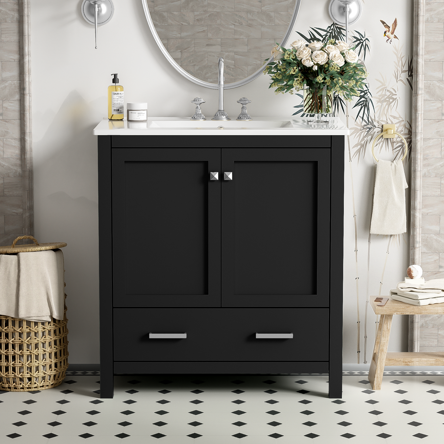 Dexmalle 30-in Black Undermount Single Sink Bathroom Vanity With White Ceramic Top and Drawer