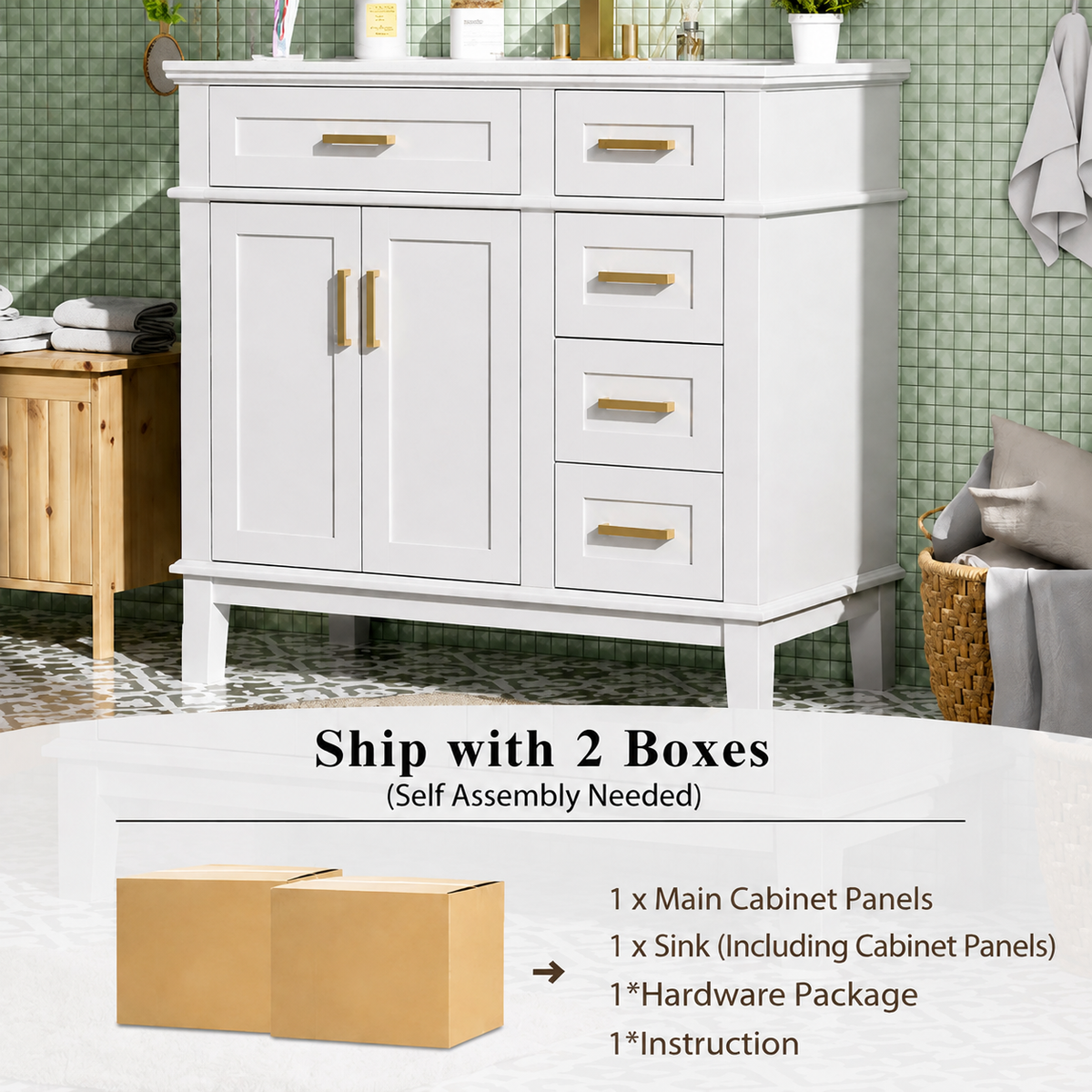 Dexmalle 36" White Modern Bathroom Vanity with Ceramic Sink