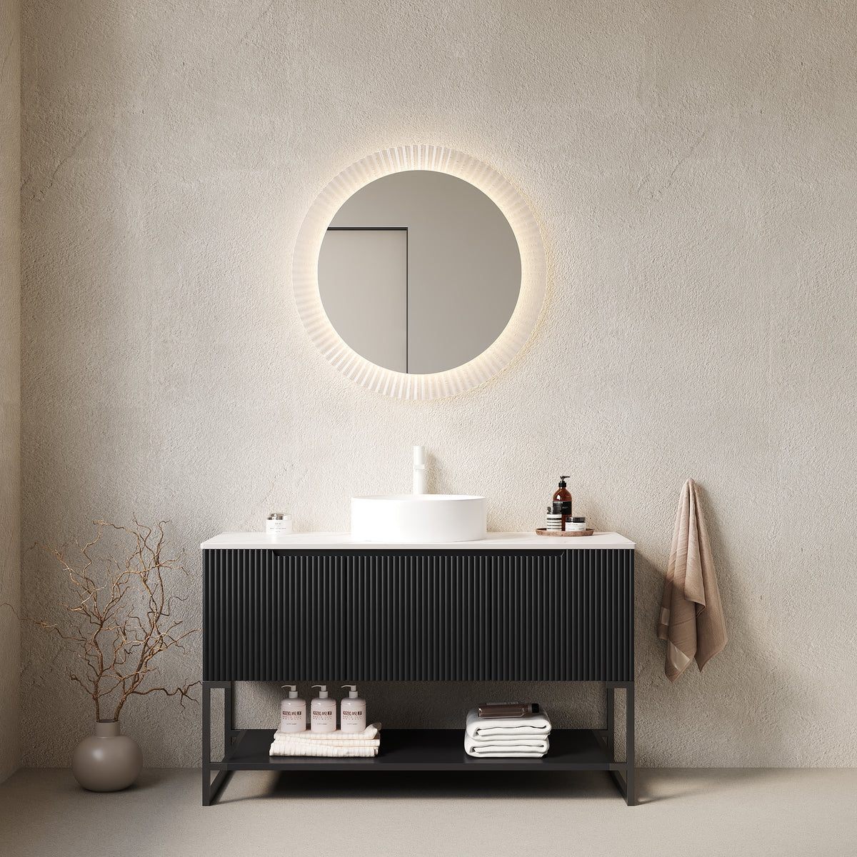 Dexmalle  48" Bathroom Vanity with Sink, Freestanding Bathroom Storage Cabinet with 3 Doors and Open Shelf