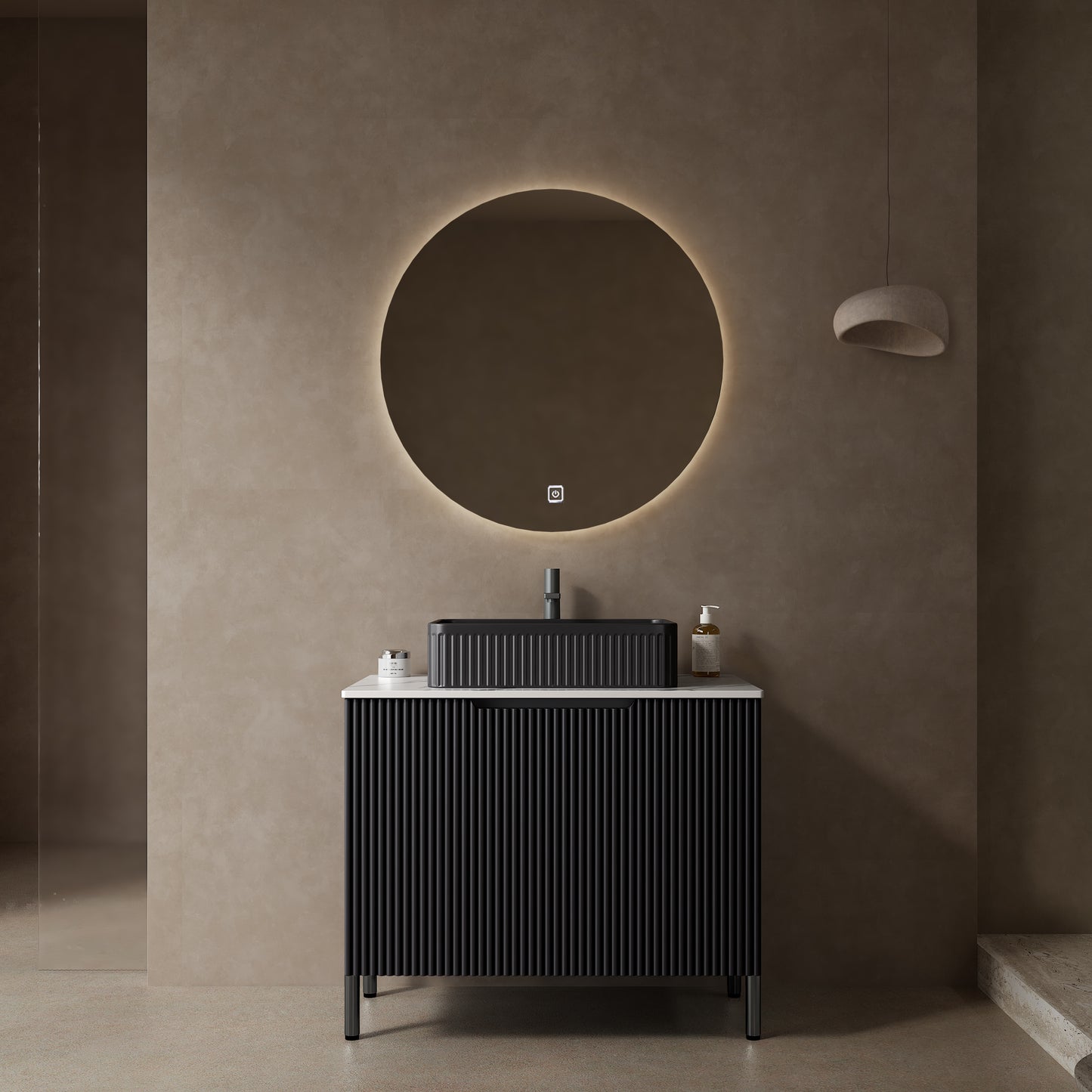 Dexmalle 30-in Black Freestanding Single Sink Bathroom Vanity with Sintered Stone Top and Black Vessel Sink