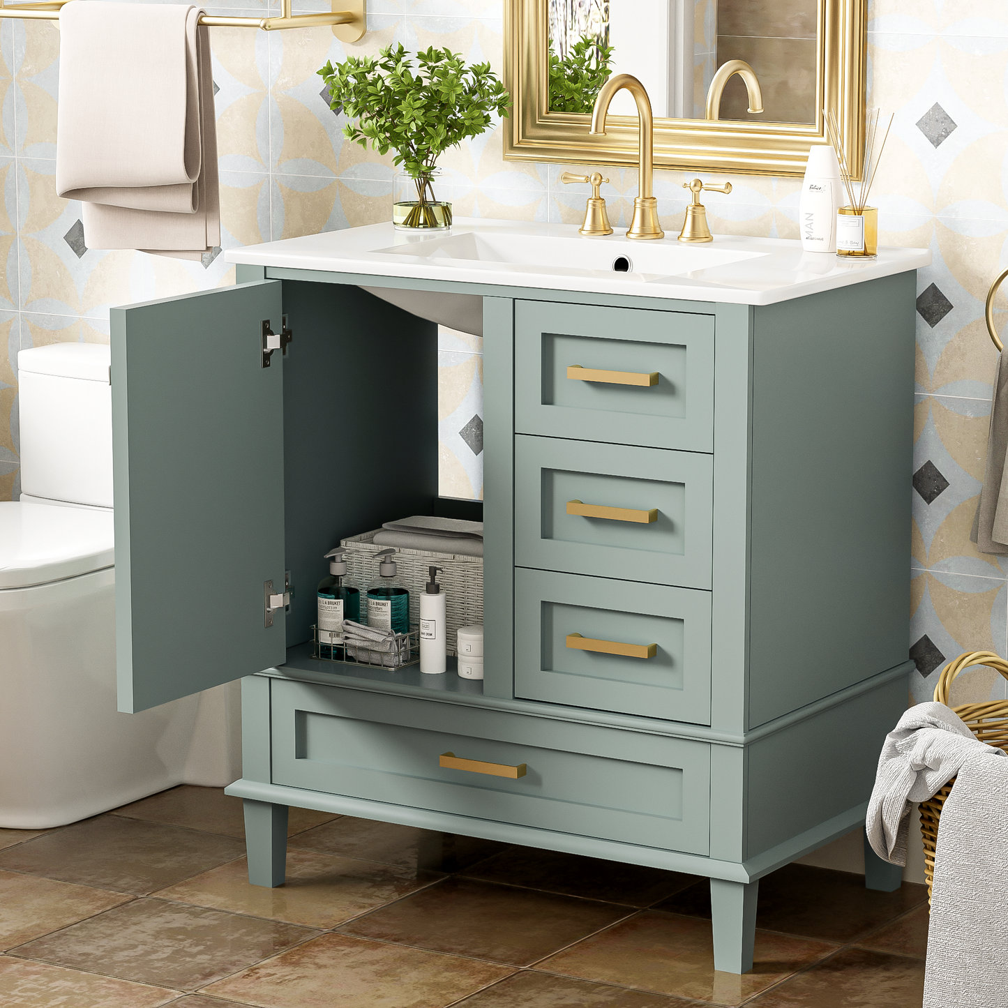 Dexmalle 30-in Light Green Freestanding Single Sink Bathroom Vanity with White Ceramic Top and Drawers