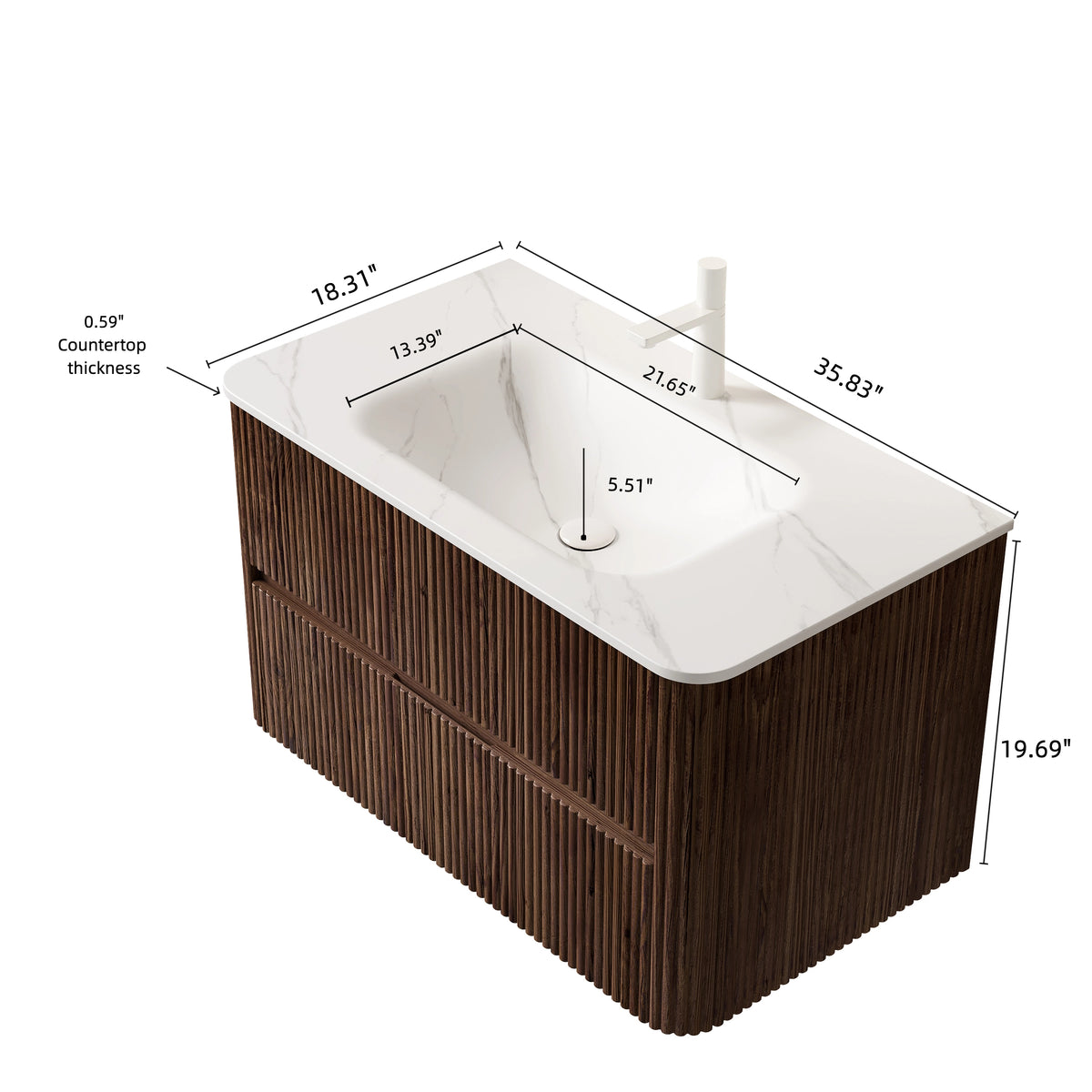 Dexmalle 36" Bathroom Vanity&Sink, Floating Stripe Plywood Storage Cabinet with 2 Drawers, Carrara White Sintered Stone
