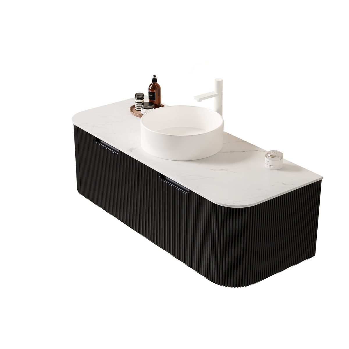 Dexmalle 48" Bathroom Vanity&Sink, Floating Curved Edges Striped Bathroom Storage Cabinet with 2 Drawers, White Round Ceramic Basin