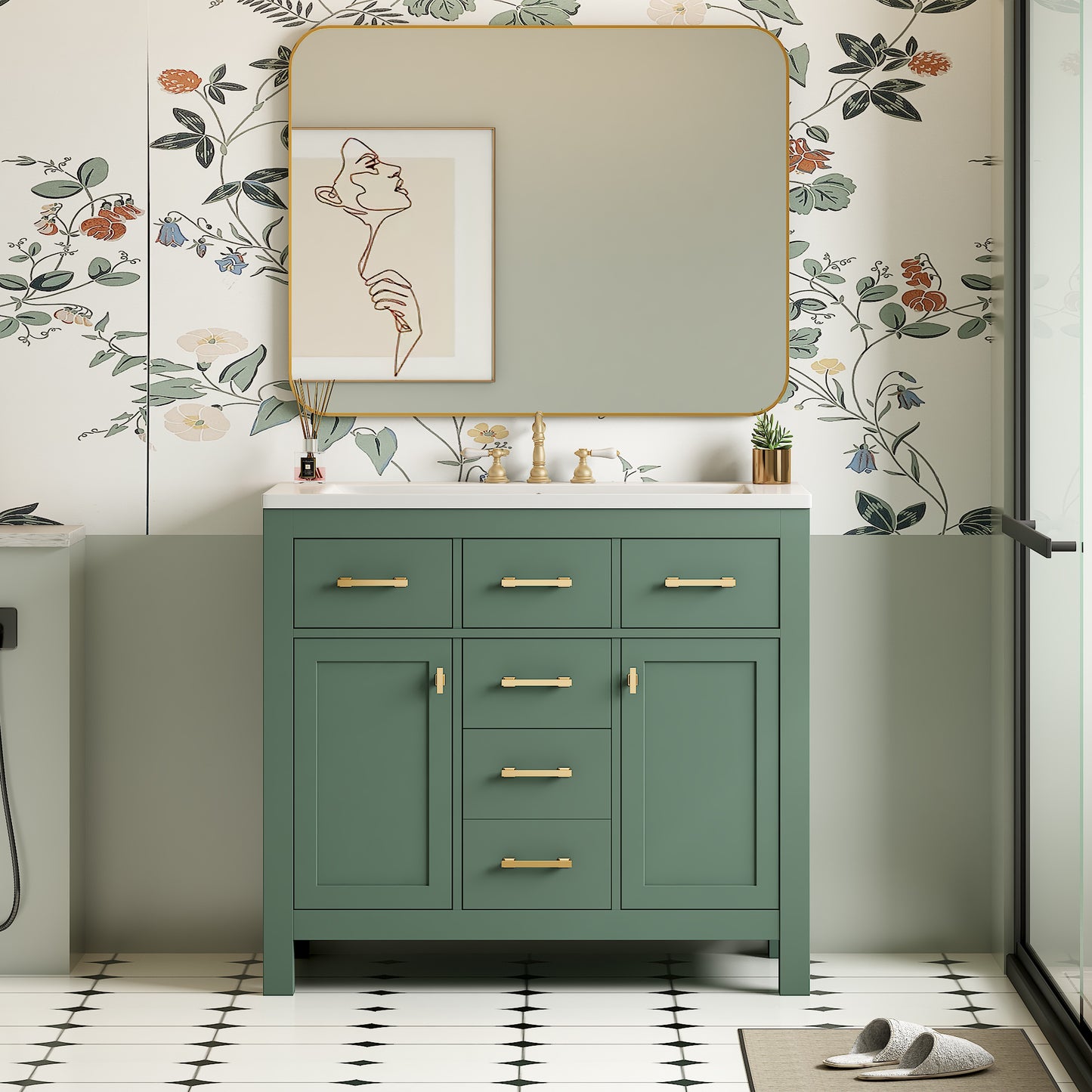 Dexmalle 36-in Green Undermount Single Sink Bathroom Vanity with White Ceramic Top and Four Drawers