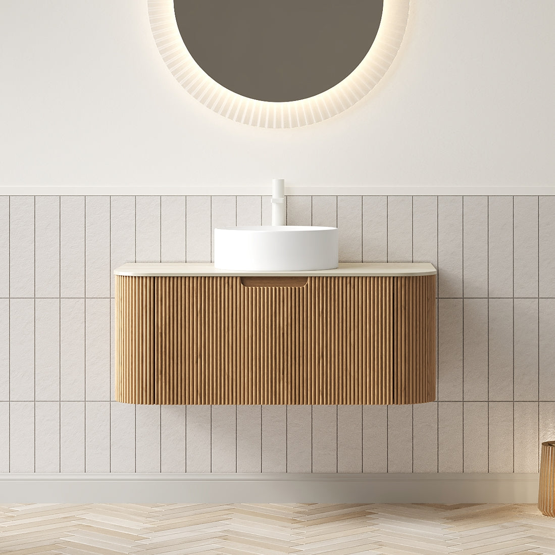 Dexmalle 36" Bathroom Vanity&Sink, Floating Curved Edge Striped Plywood Storage Cabinet with Drawer