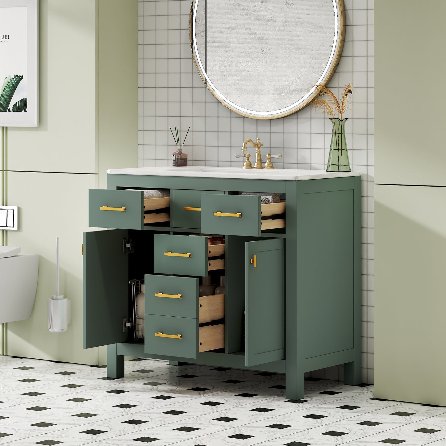 Dexmalle 36-in Green Undermount Single Sink Bathroom Vanity with White Ceramic Top and Four Drawers