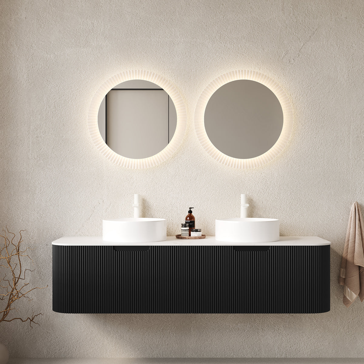 Dexmalle 60" Bathroom Vanity&Sinks, Floating Curved Edges Striped Bathroom Storage Cabinet with 2 Drawers