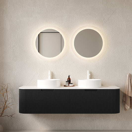 Dexmalle 60" Bathroom Vanity&Sinks, Floating Curved Edges Striped Bathroom Storage Cabinet with 2 Drawers