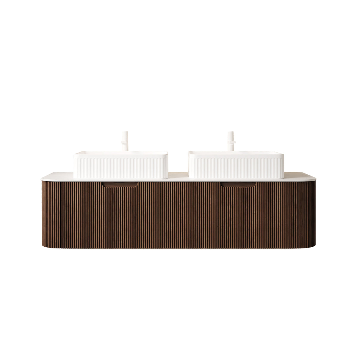 Dexmalle 60" Bathroom Vanity&Sinks, Floating Curved Edges Stripe Storage Cabinet with 2 Drawers, 2 White Rectangular Ceramic Basins
