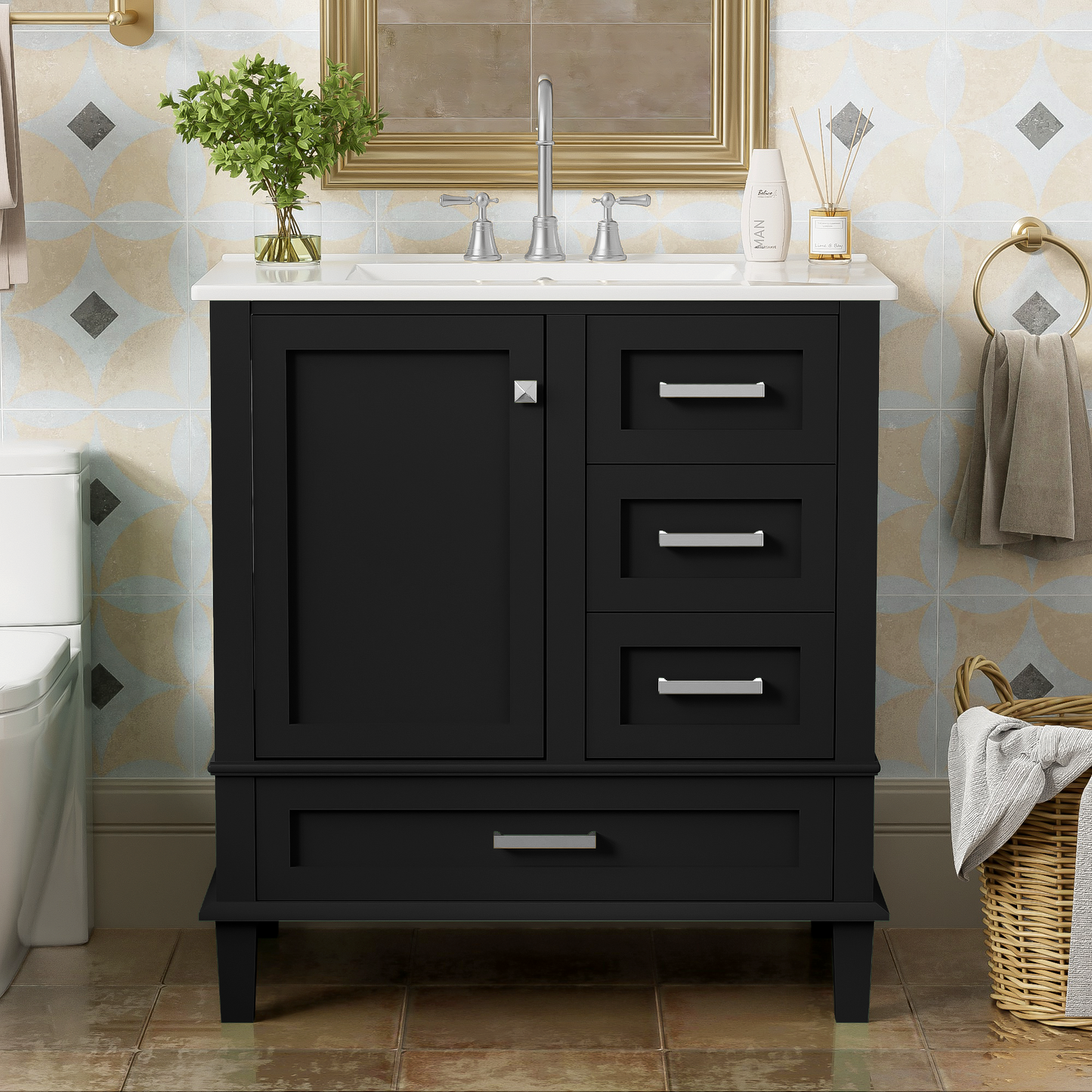 Dexmalle 30-in Black Freestanding Single Sink Bathroom Vanity with White Ceramic Top and Drawers
