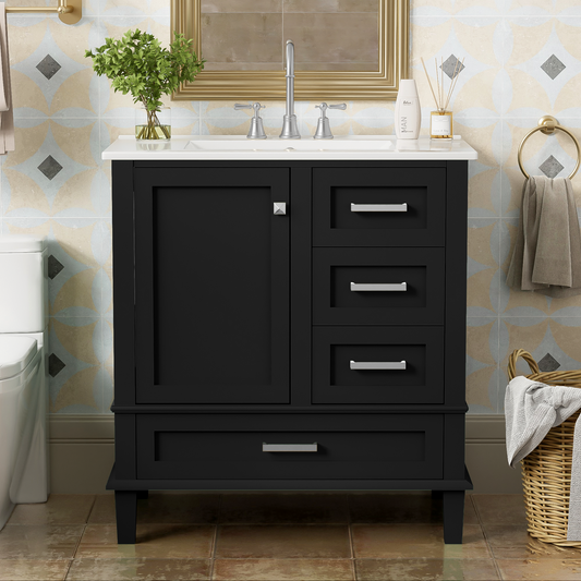 Dexmalle 30-in Black Freestanding Single Sink Bathroom Vanity with White Ceramic Top and Drawers