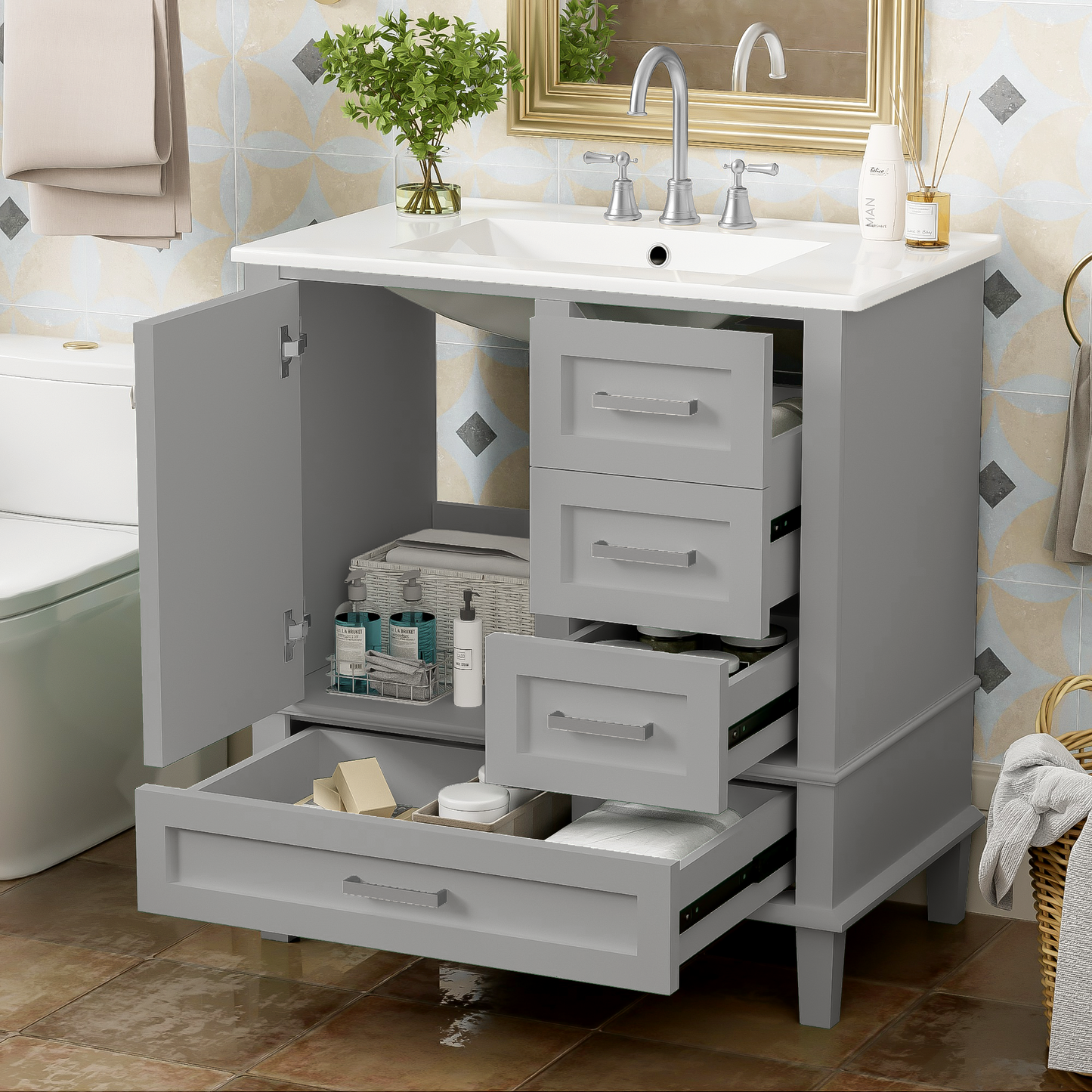 Dexmalle 30-in Gray Freestanding Single Sink Bathroom Vanity With White Ceramic Top and Three Drawers