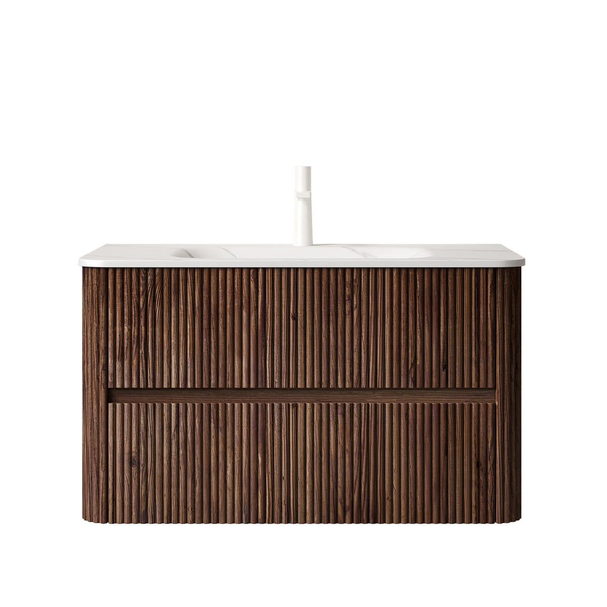 Dexmalle 36" Bathroom Vanity&Sink, Floating Stripe Plywood Storage Cabinet with 2 Drawers, Carrara White Sintered Stone