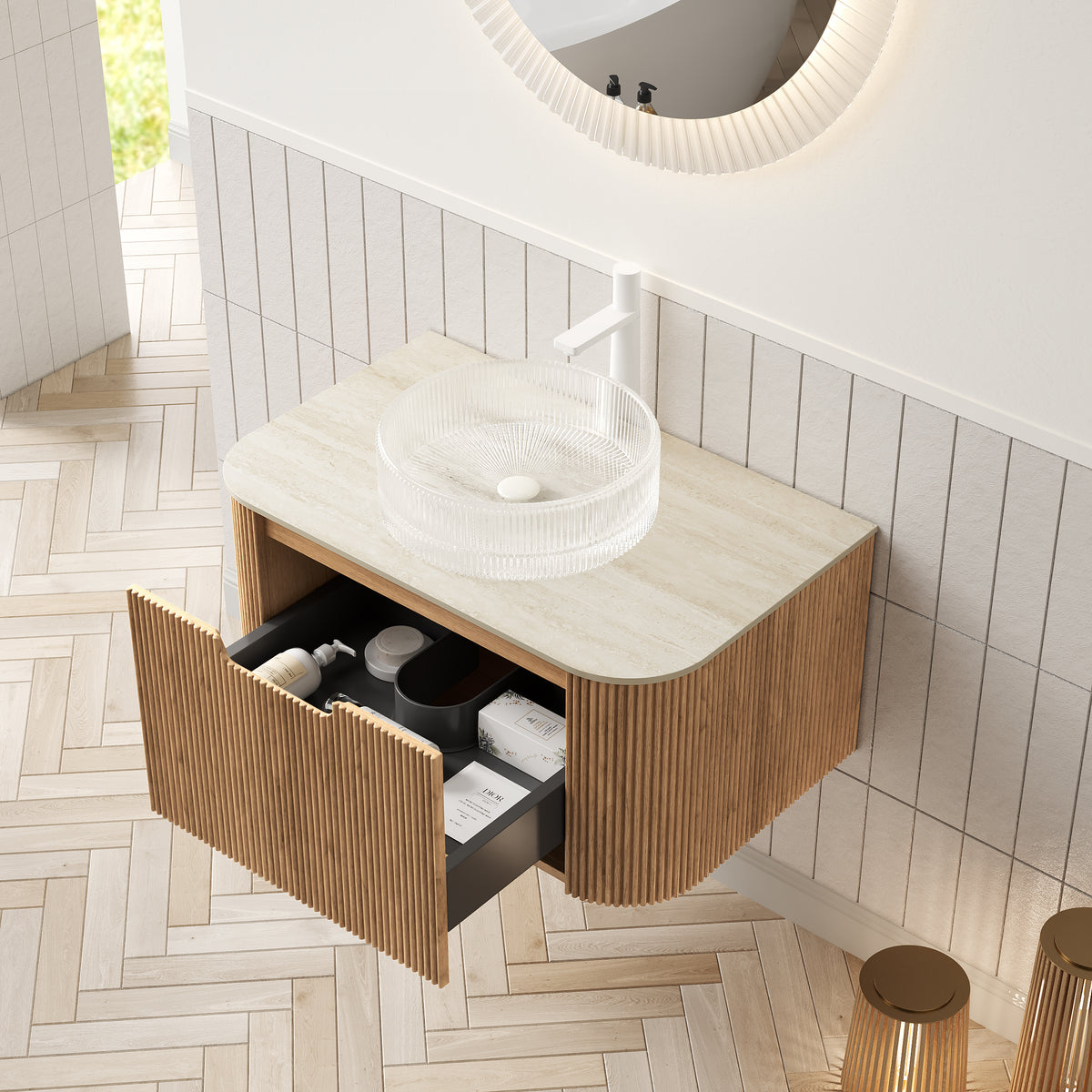 Dexmalle 30" Bathroom Vanity&Sink, Floating Curved Edges Striped Storage Cabinet with Drawer, Transparent Round Glass Basin