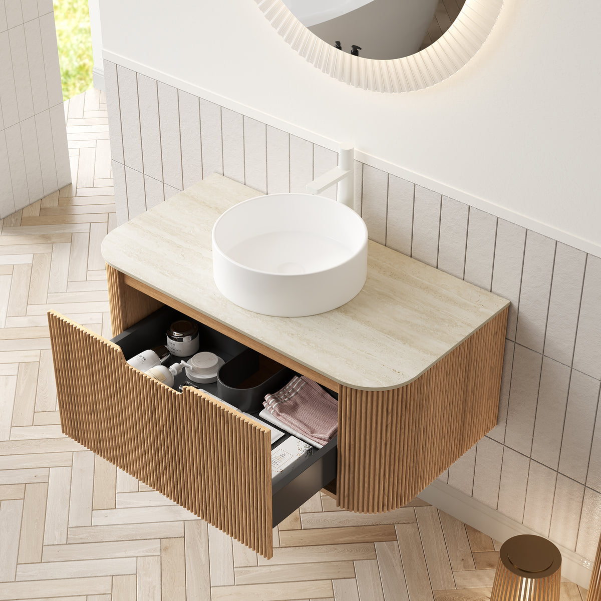 Dexmalle 36" Bathroom Vanity&Sink, Floating Curved Edge Striped Plywood Storage Cabinet with Drawer