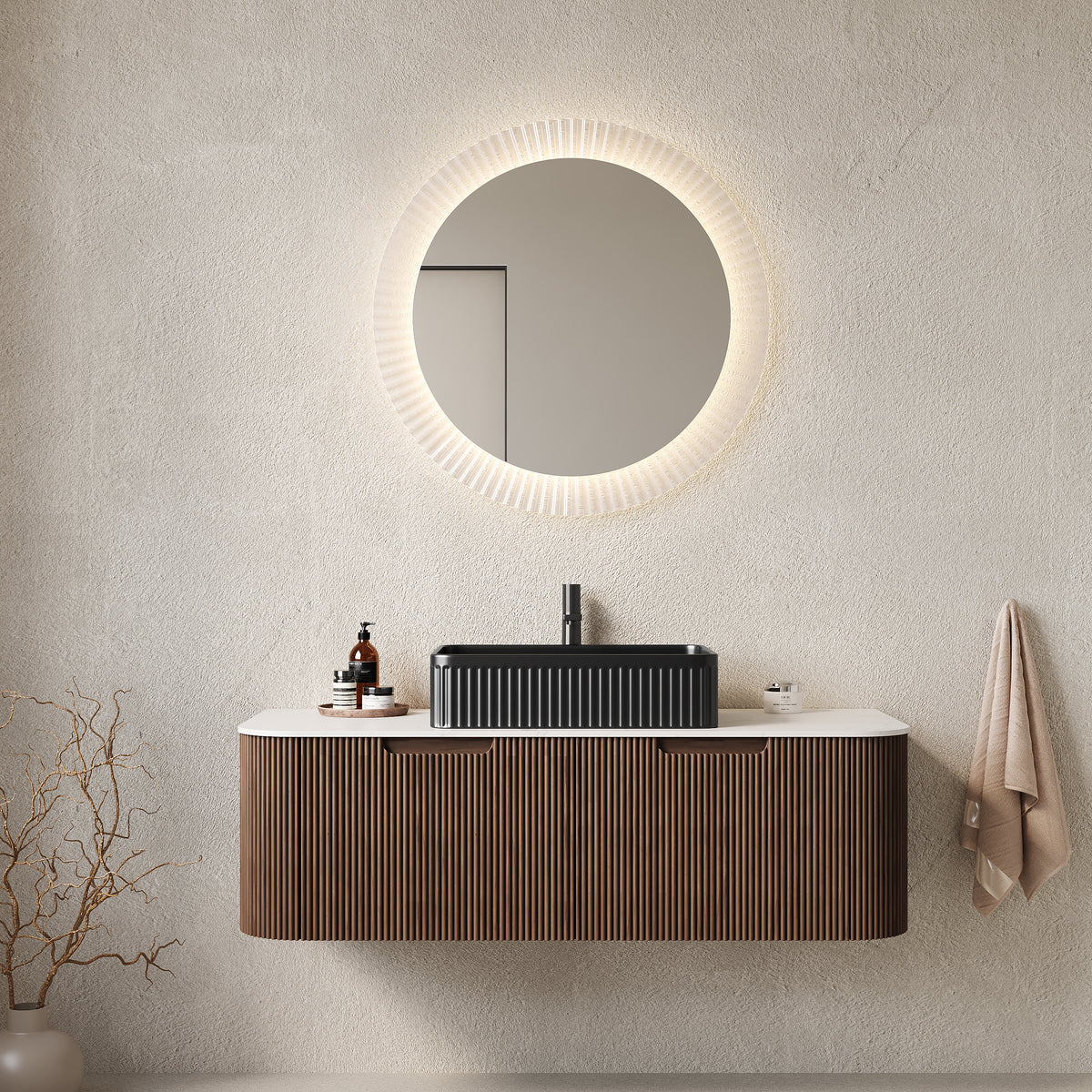 Dexmalle 48" Bathroom Vanity&Sink, Floating Curved Edges Stripe Storage Cabinet with 2 Drawers, White Rectangular Ceramic Basin