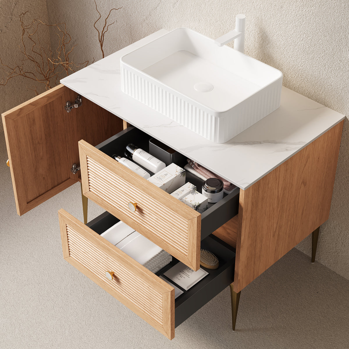 Dexmalle 36" Bathroom Vanity with Sink, Freestanding Plywood Storage Cabinet with 4 Metal Legs, One Door and 2 Drawers