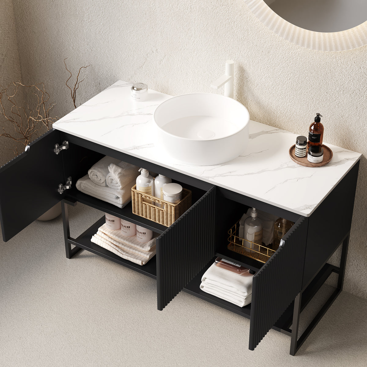 Dexmalle  48" Bathroom Vanity with Sink, Freestanding Bathroom Storage Cabinet with 3 Doors and Open Shelf