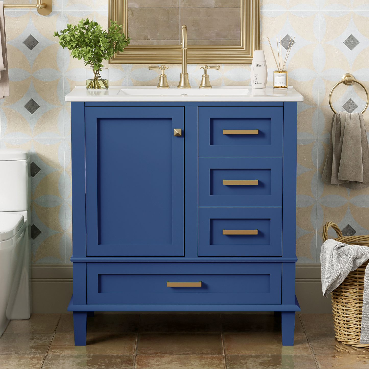 Dexmalle 30-in Blue Freestanding Single Sink Bathroom Vanity With White Ceramic Top and Three Drawers