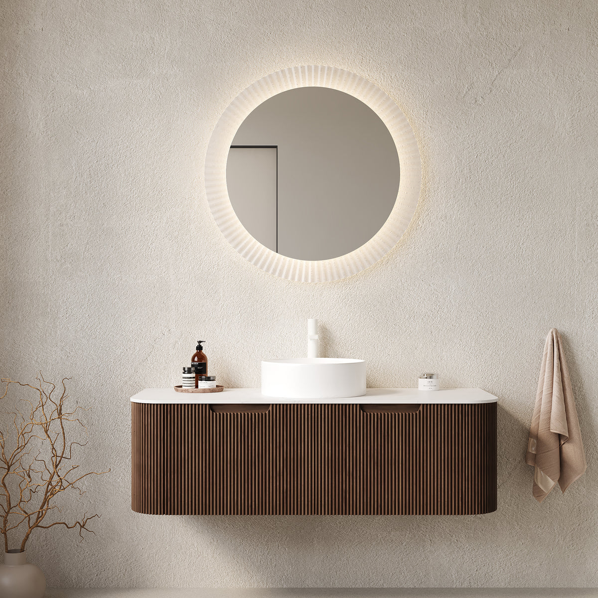 Dexmalle 48" Bathroom Vanity&Sink, Floating Curved Edges Striped Storage Cabinet with 2 Drawers, White Round Ceramic Basin