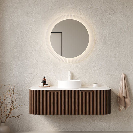 Dexmalle 48" Bathroom Vanity&Sink, Floating Curved Edges Striped Storage Cabinet with 2 Drawers, White Round Ceramic Basin