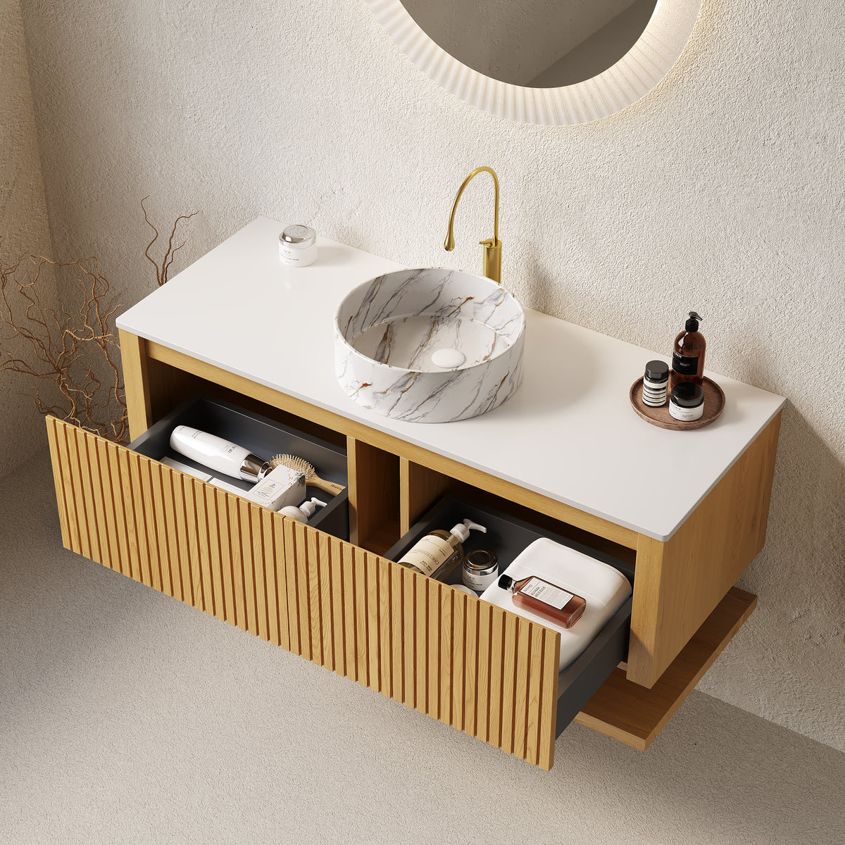 Dexmalle 48" Bathroom Vanity&Sink, Wall-Mounted Plywood Bathroom Storage Cabinet with Drawers&Open Shelf, Sintered Stone Countertop&Ceramic Basin