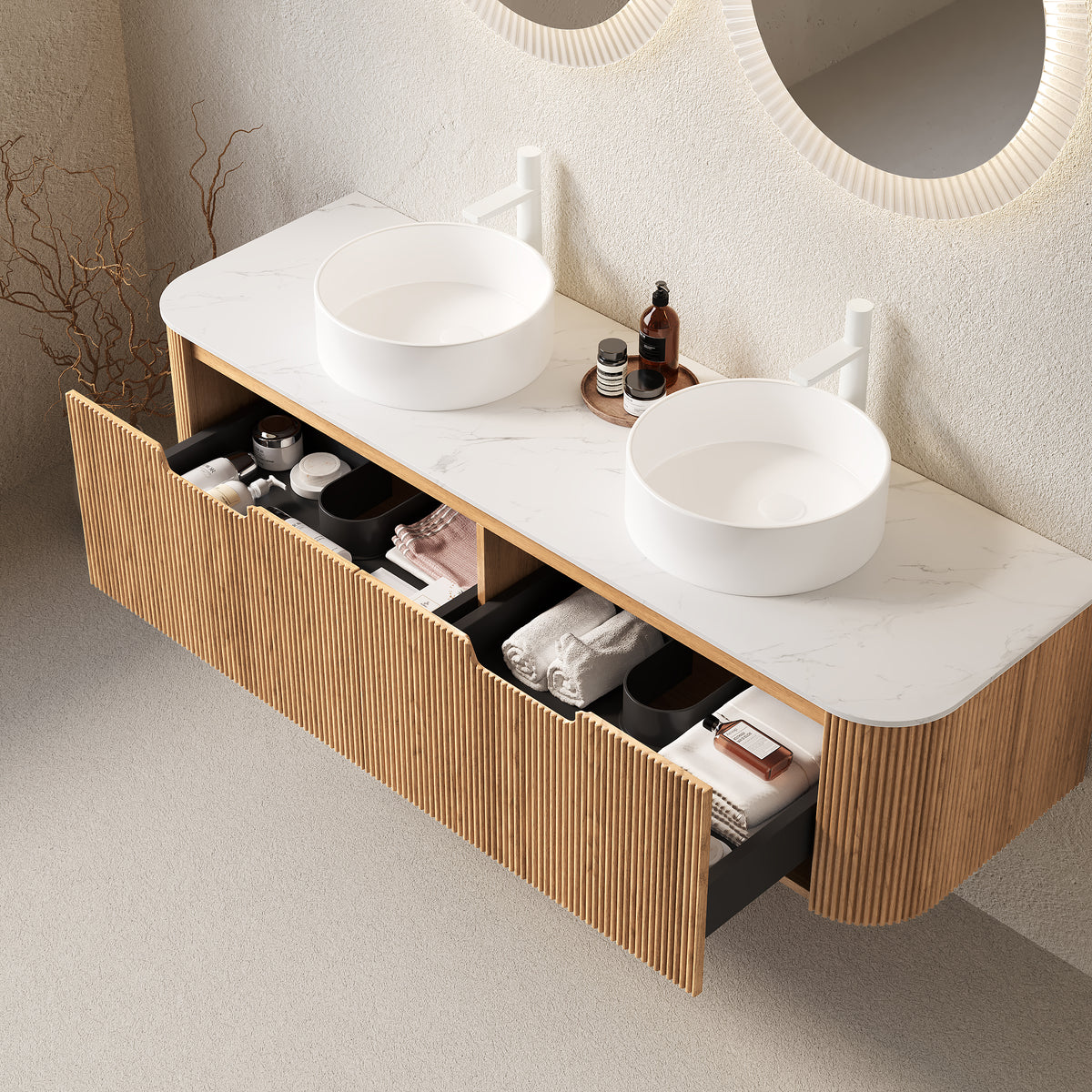 Dexmalle 60" Bathroom Vanity&Sinks, Floating Curved Edges Striped Bathroom Storage Cabinet with 2 Drawers