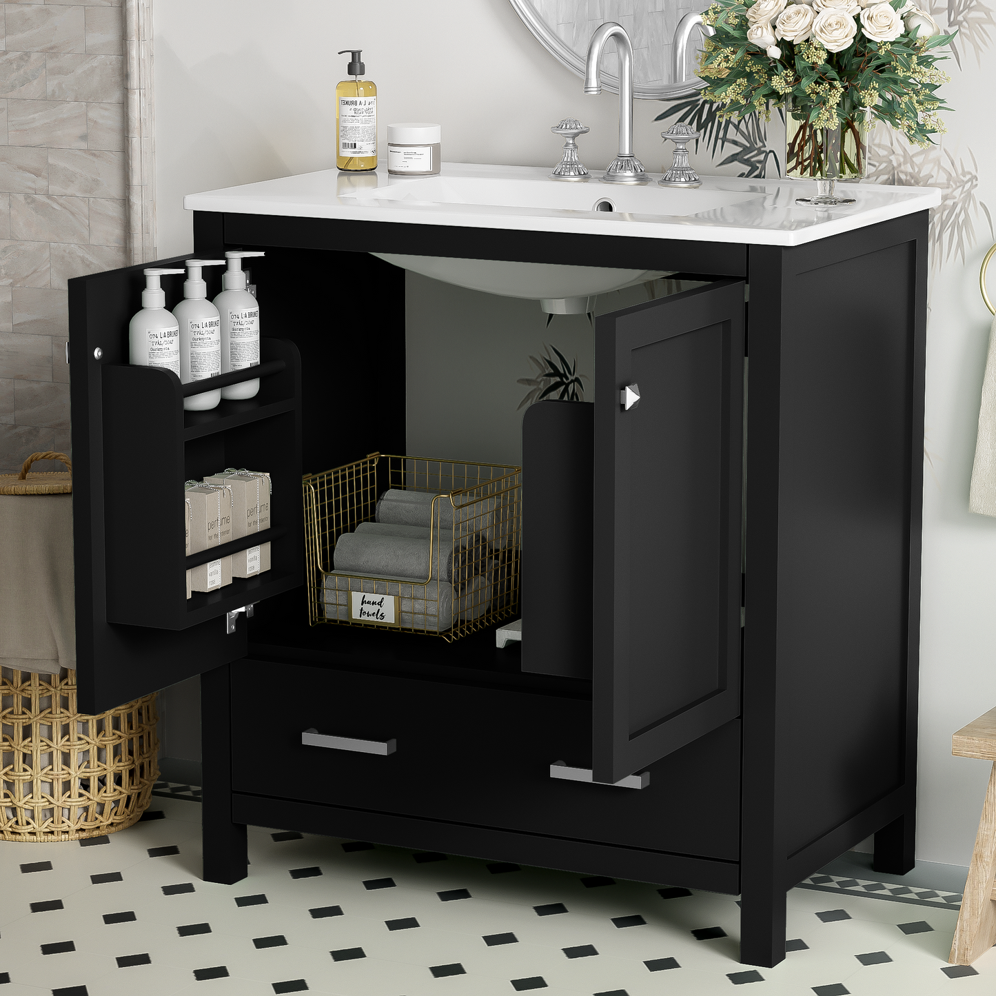 Dexmalle 30-in Black Undermount Single Sink Bathroom Vanity With White Ceramic Top and Drawer