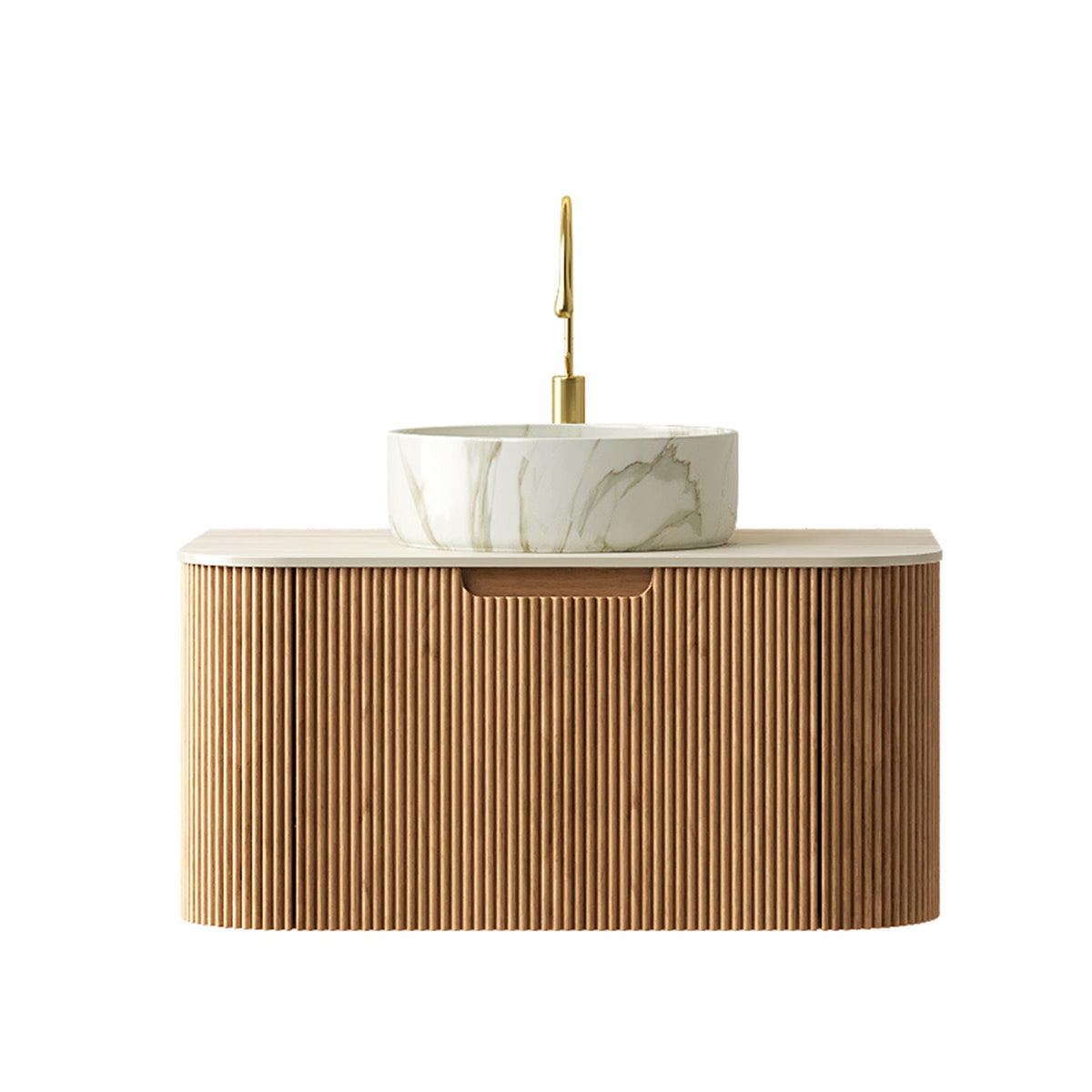 Dexmalle 30" Bathroom Vanity&Sink, Floating Curved Edges Striped Cabinet with Drawer, Round Ceramic Basin with Stone Pattern