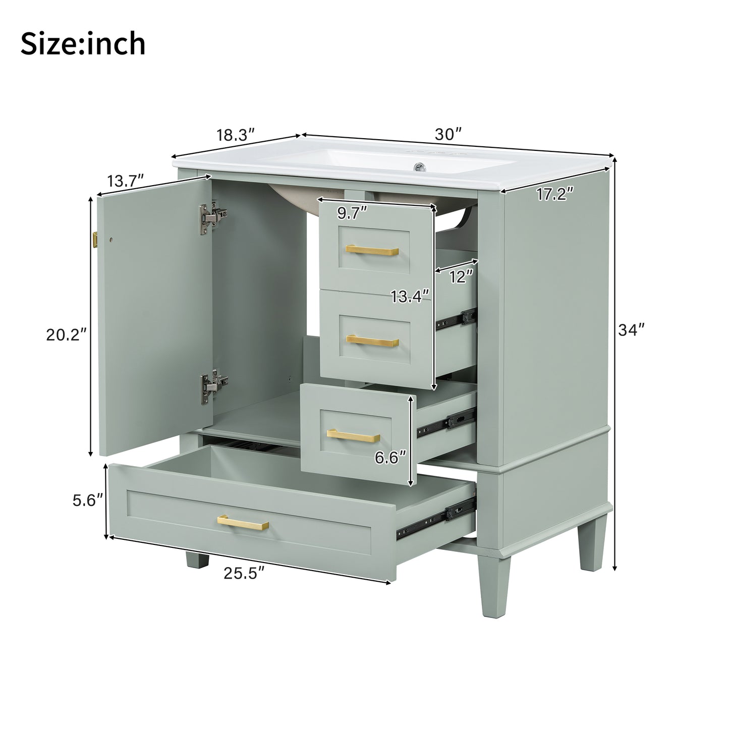 Dexmalle 30-in Light Green Freestanding Single Sink Bathroom Vanity with White Ceramic Top and Drawers