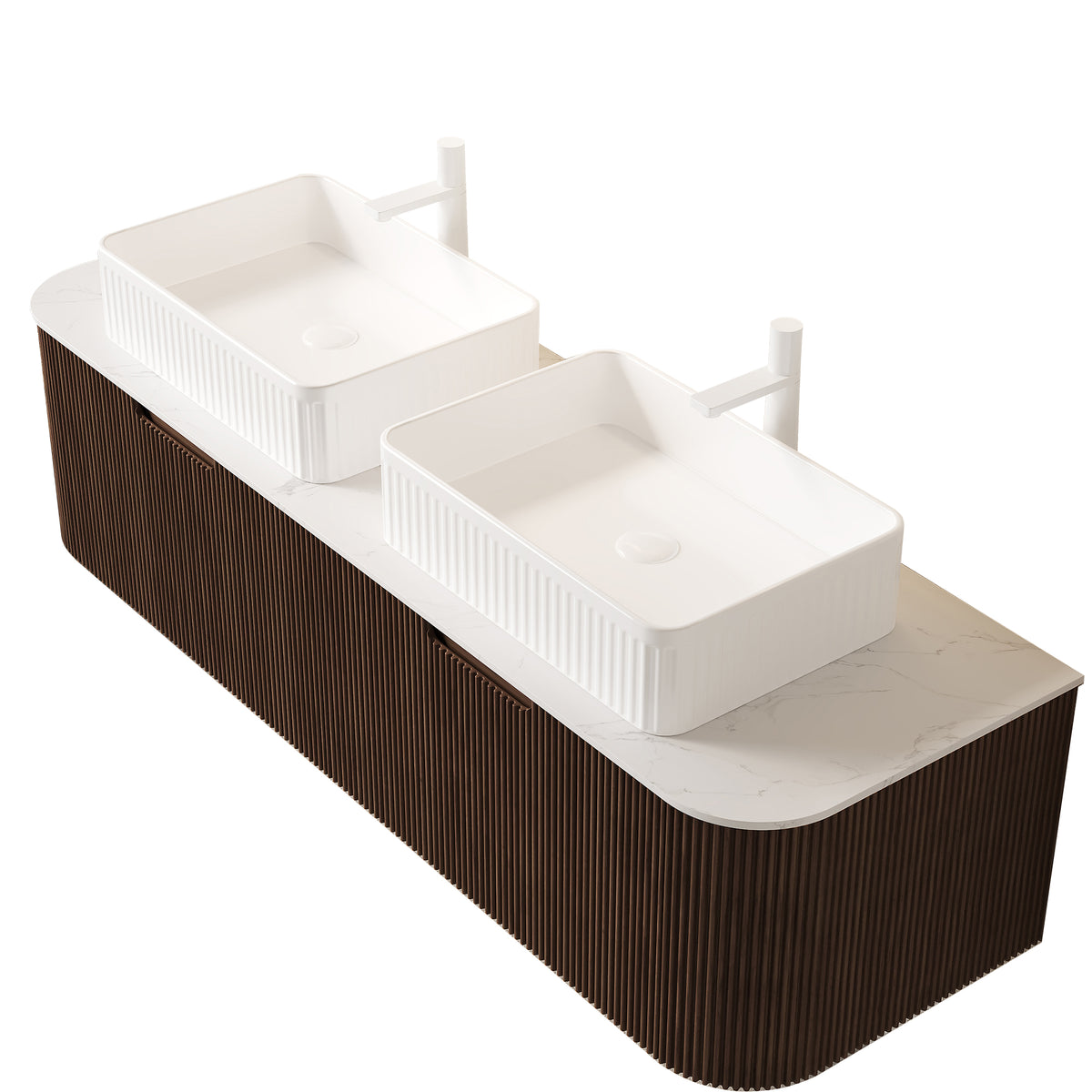 Dexmalle 60" Bathroom Vanity&Sinks, Floating Curved Edges Stripe Storage Cabinet with 2 Drawers, 2 White Rectangular Ceramic Basins