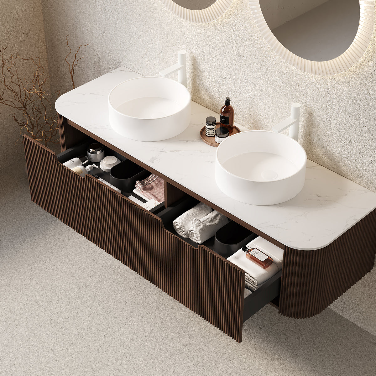 Dexmalle  60" Bathroom Vanity&Sinks, Floating Curved Edges Striped Storage Cabinet with 2 Drawers, 2 White Round Ceramic Basins