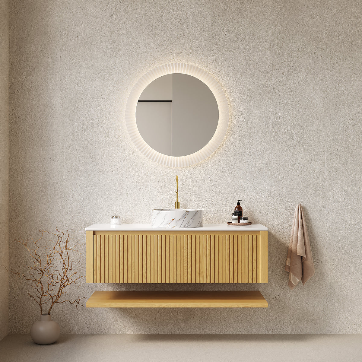 Dexmalle 48" Bathroom Vanity&Sink, Wall-Mounted Plywood Bathroom Storage Cabinet with Drawers&Open Shelf, Sintered Stone Countertop&Ceramic Basin