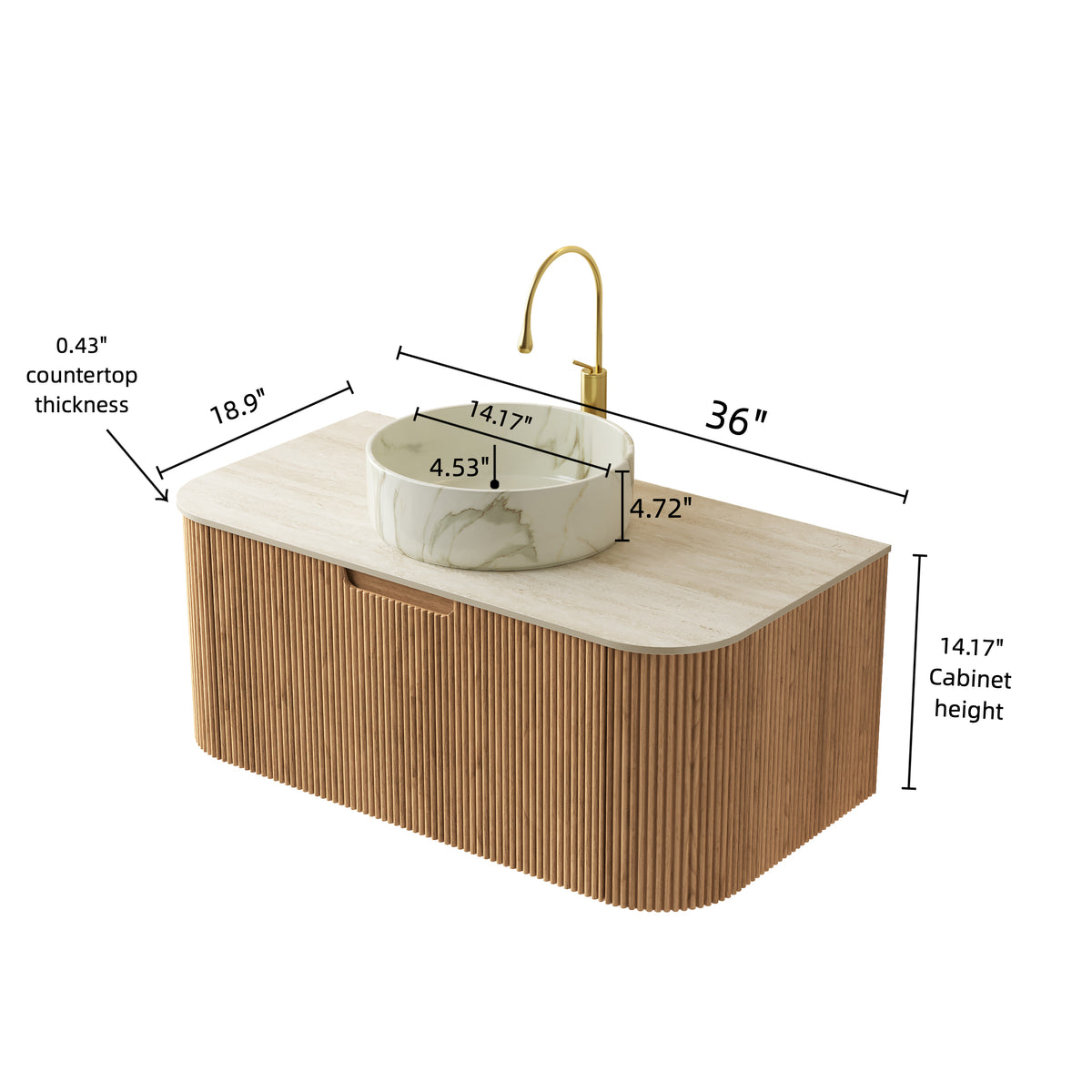 Dexmalle 36" Bathroom Vanity&Sink, Floating Curved Edges Striped Cabinet with Drawer, Round Ceramic Basin