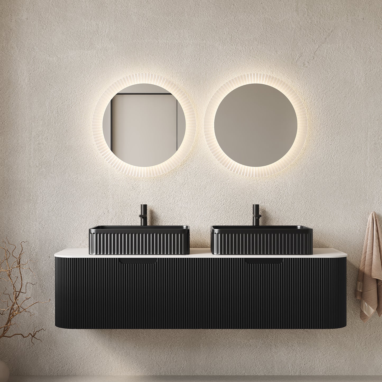 Dexmalle 60-in Black Wall-mount Double Sink Bathroom Vanity with Sintered Stone Top and Black Vessel Sink