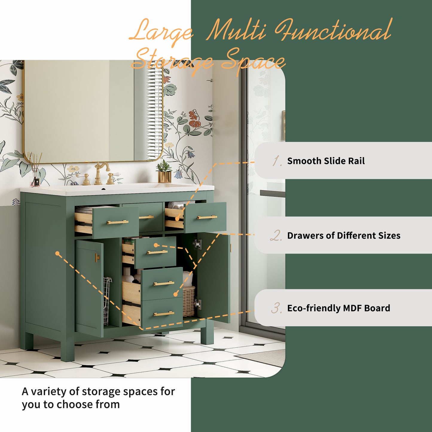 Dexmalle 36-in Green Undermount Single Sink Bathroom Vanity with White Ceramic Top and Four Drawers