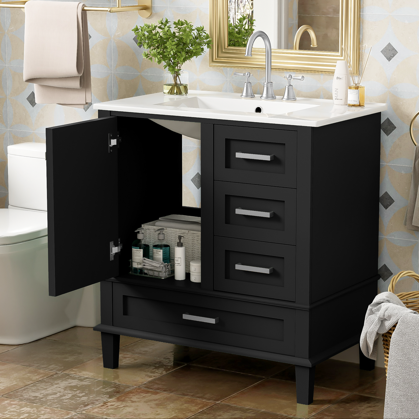 Dexmalle 30-in Black Freestanding Single Sink Bathroom Vanity with White Ceramic Top and Drawers