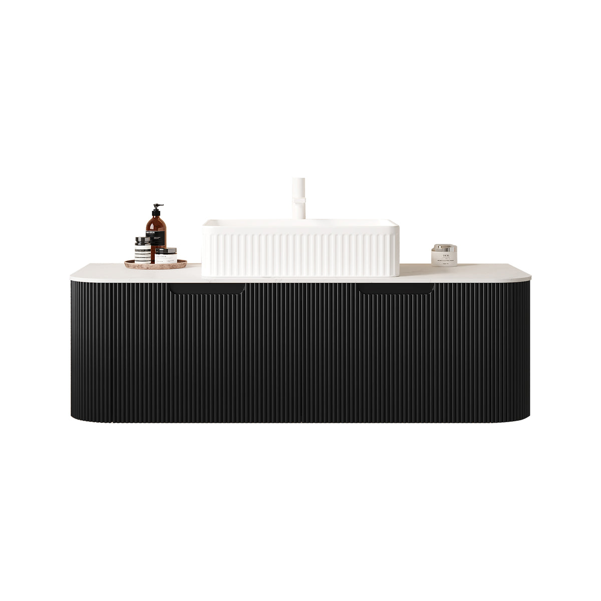 Dexmalle 48" Bathroom Vanity&Sink, Floating Curved Edges Striped Plywood Storage Cabinet with 2 Drawers, White Rectangular Ceramic Basin