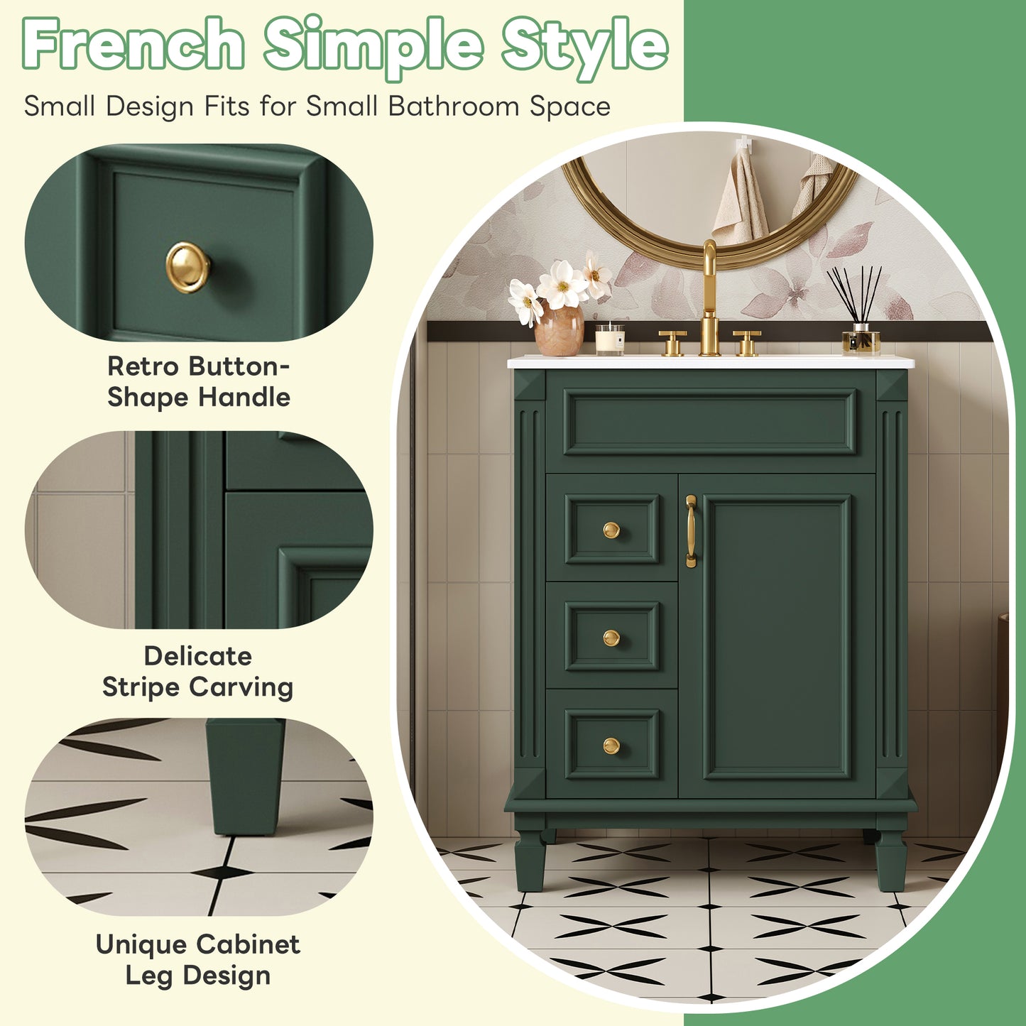 Dexmalle 24-in Green Modern Freestanding Single Sink Bathroom Vanity With Whtie Top and Two Drawers